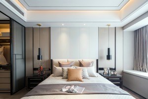 【千思装饰】180㎡新中式样板房+卧室 吊顶 床 灯具完美新中式实景样板房