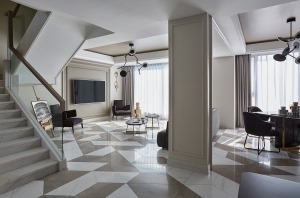 【千思装饰】160㎡现代风格+小复式客厅装修实景效果图