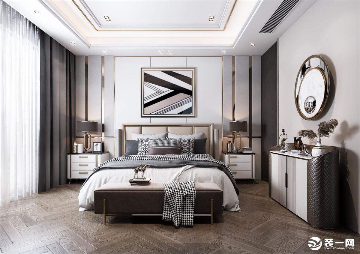 主卧室设计为现代风格，采用无主灯设计增加高级感，整体色调黑白灰为主。