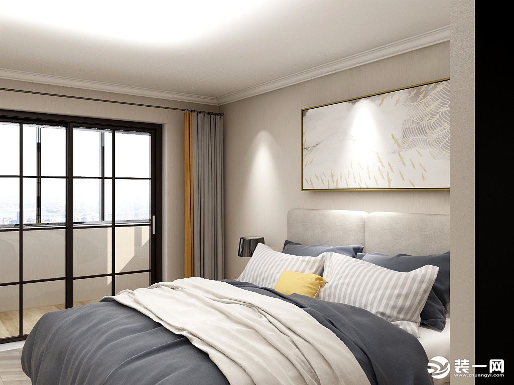  主卧室：布艺的床头，温馨的墙纸，打造舒适的卧室空间。