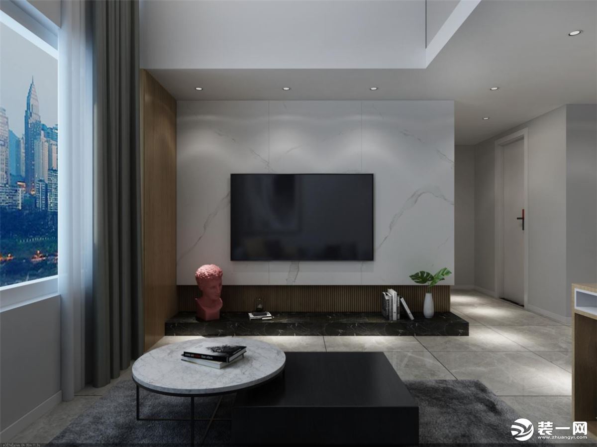 客厅空间整体造型简单大气，视觉亮点主要集中在电视背景墙