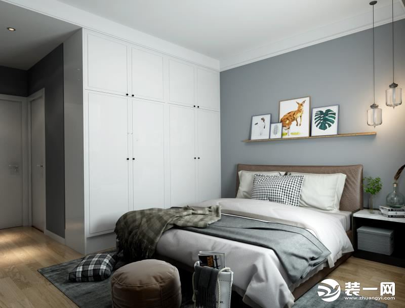 次卧室：次卧的打造以满足居者的日常需求为前提，通过对空间比例的完美分割，以及爽利的线条、沉稳的色彩，