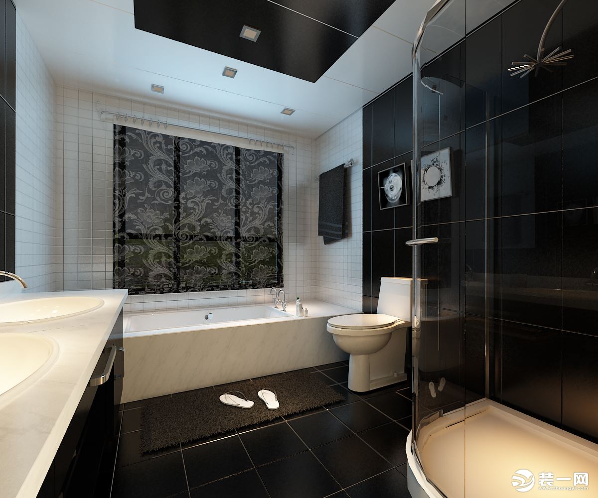 卫生间双手盆设计清漱不冲突，浴缸于淋雨分离，方便打扫不易滑落。  黑白搭配瓷砖更具 现代冲击感。