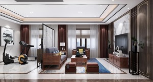  客厅设计为新中式，以中国传统古典文化作为背景的，营造的是极富中国浪漫情调的生活空间，如红木、青花瓷