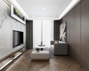 主卧室客厅采用现代风格，鱼骨拼地板增加设计感，全屋无主灯设计增加卧室舒适感