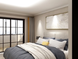  主卧室：布艺的床头，温馨的墙纸，打造舒适的卧室空间。