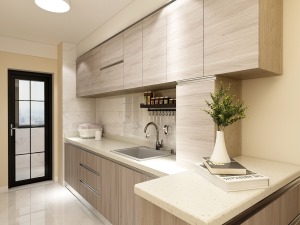 厨房：半开放式厨房，定做原木色橱柜配以大理石花纹墙砖，使得整个厨房既美观又实用