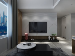 客厅空间整体造型简单大气，视觉亮点主要集中在电视背景墙