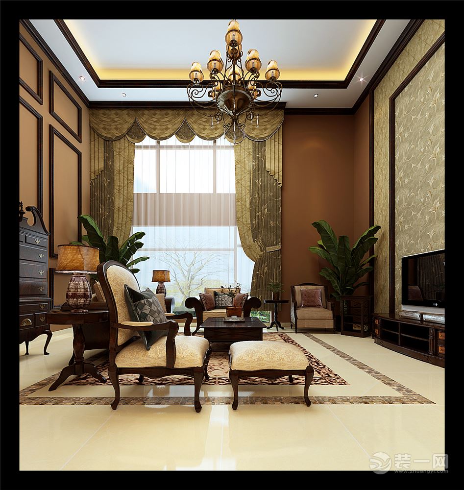 金江小区客厅中式风格效果图，更多敬请致电：15887815674