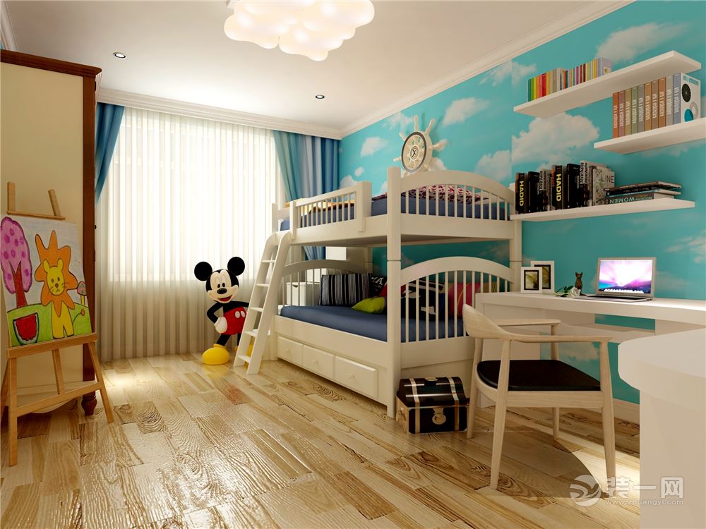 儿童房采用了天蓝色的画布，子母床更加的实用，暖黄色的地板给人温馨的氛围