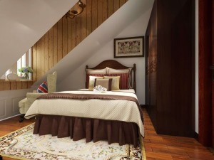 主卧室也是斜脊的设计，防腐木的设计给简单的格局增加了格调