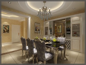 餐厅的圆弧吊顶，与地面的瓷砖粘贴相呼应，酒柜的设计增加了屋内的格调