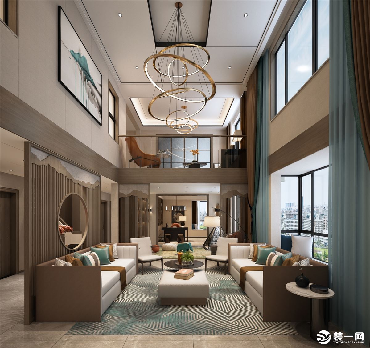 华侨城天鹅湖500㎡新中式风格别墅客厅装修效果图