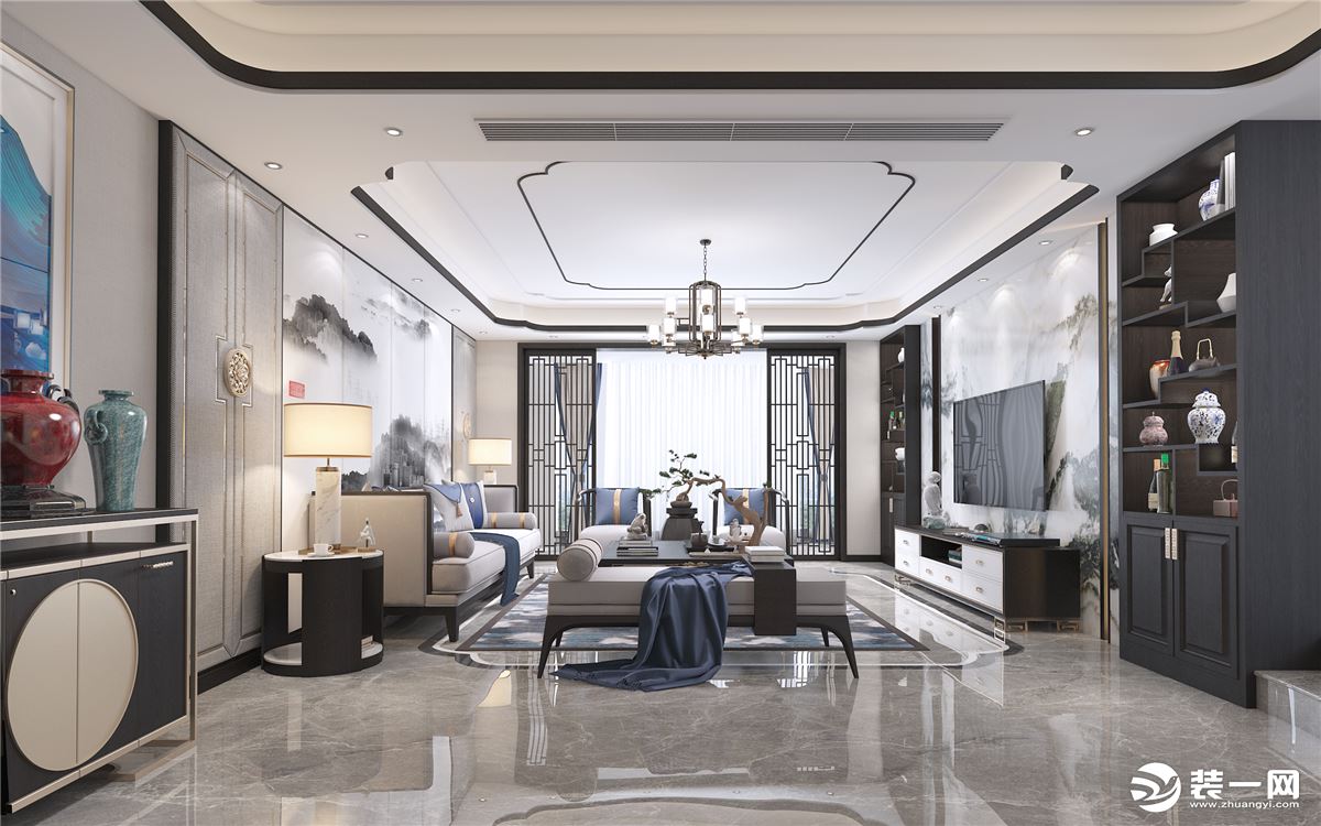 珠江帝景苑250㎡四居室新中式客厅装修效果图