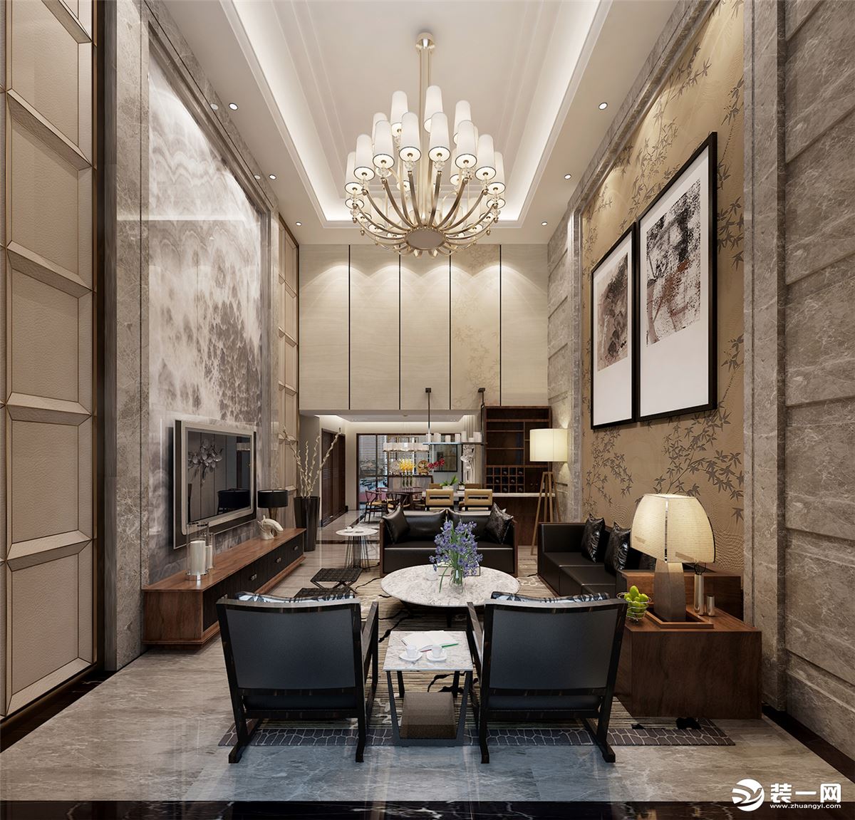 御金沙250㎡平层新中式客厅装修效果图