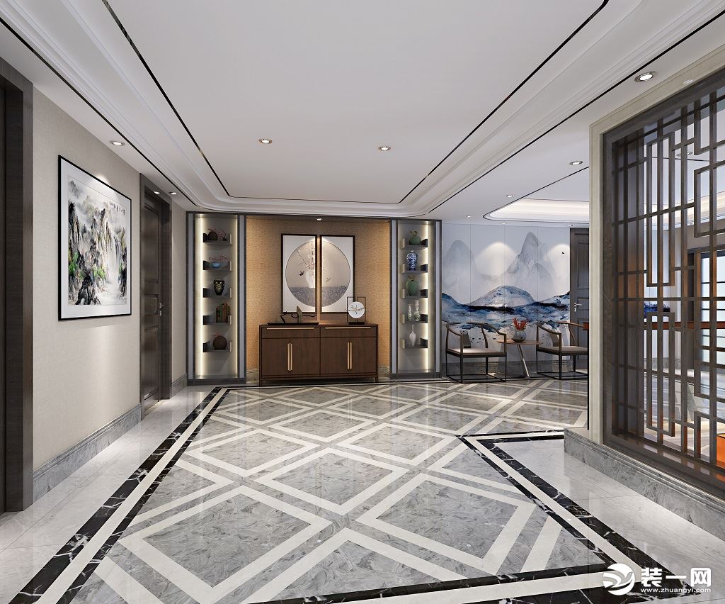 燊荣豪庭631㎡别墅现代新中式门厅装修效果图