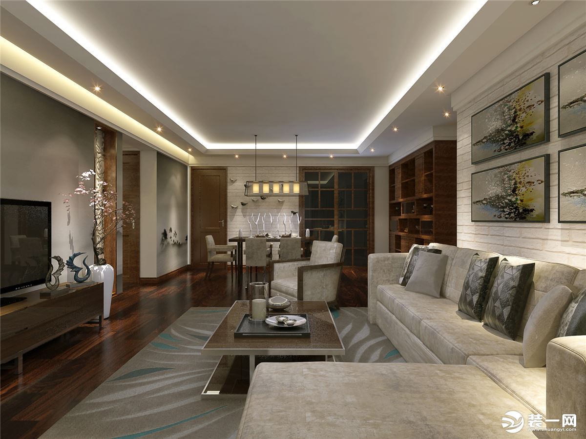 奥园150平方三居室现代中式客厅装修设计案例