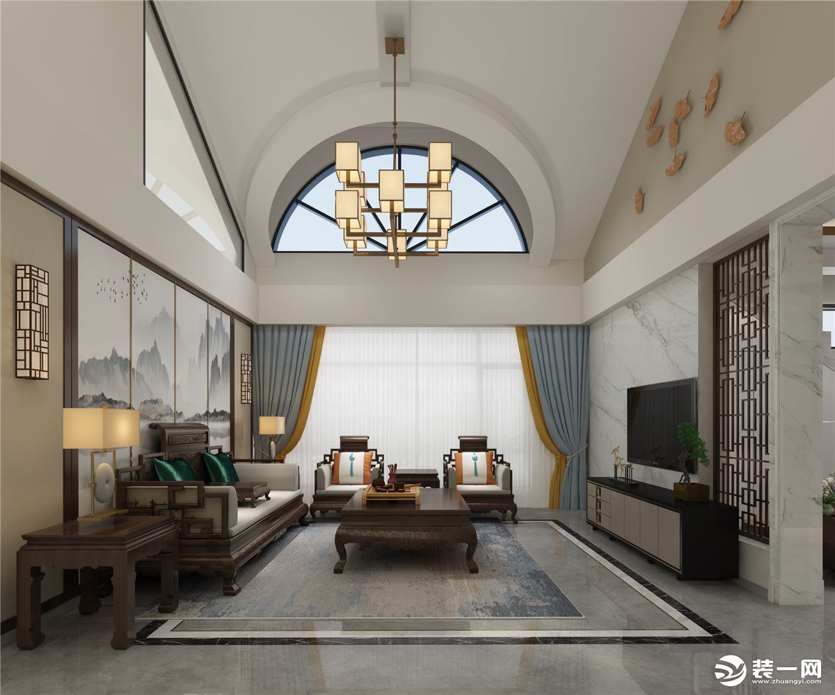 佛山文华花园110㎡新中式复式楼客厅装修案例