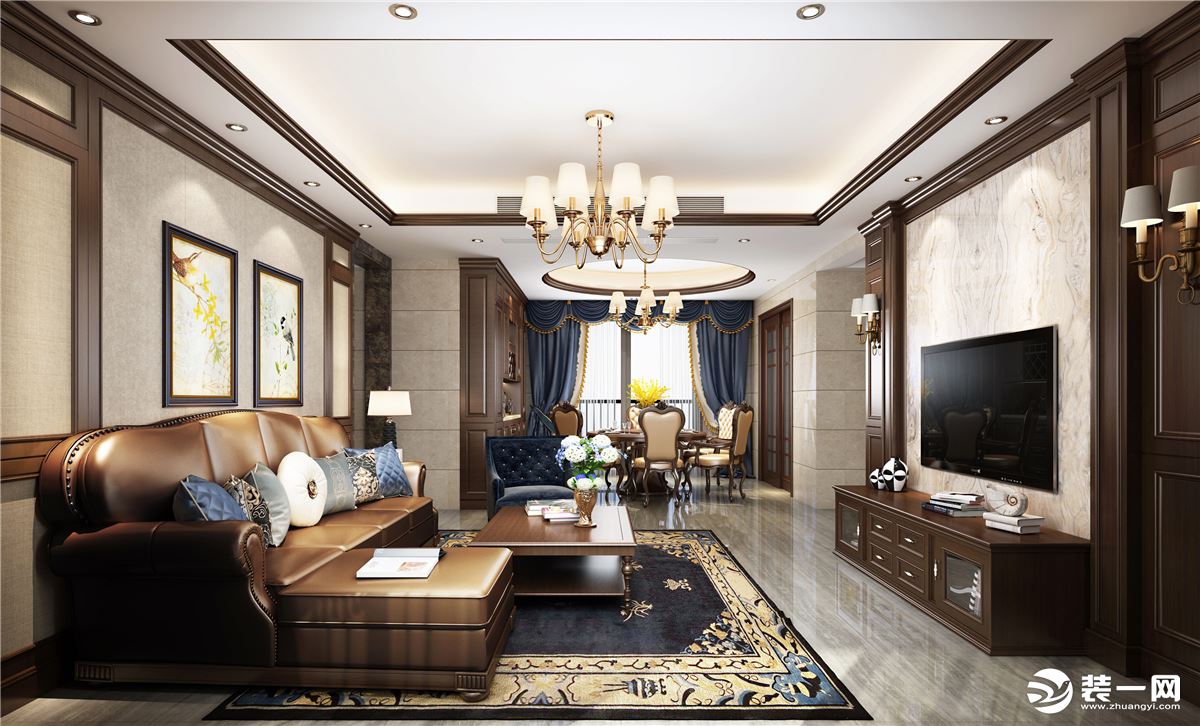 古典美式客厅效果黄色皮革沙发于原木色的造型营造出强烈的视觉层次感，有古典韵味的欧式吊灯可以让人有怀古