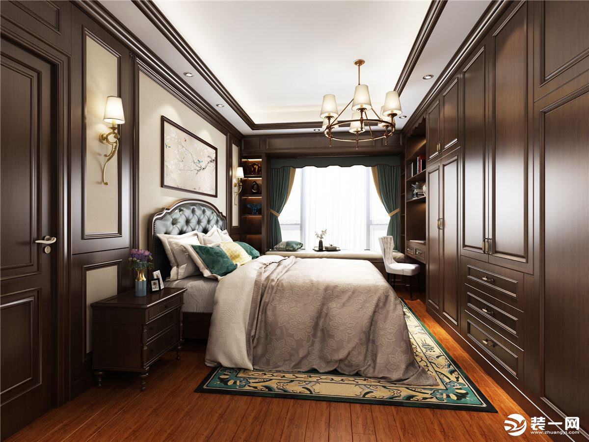 古典美式卧室效果大量的木质元素使美式风格的床具带给人们一种自由闲适的感觉。