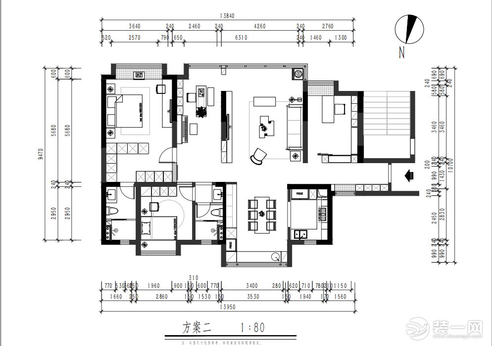 新城璟城124㎡三居室现代简约平面规划图