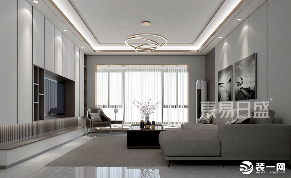 灰色L型沙发，可以满足业主的不同需求，搭配同色系的地毯，给空间增添一些层次感。