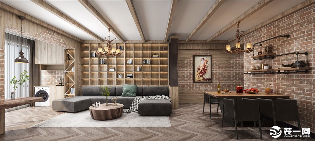 客廳以原木和文化石鋪墊主體關系，在無聲中提升整體家居的高級質感和復古。