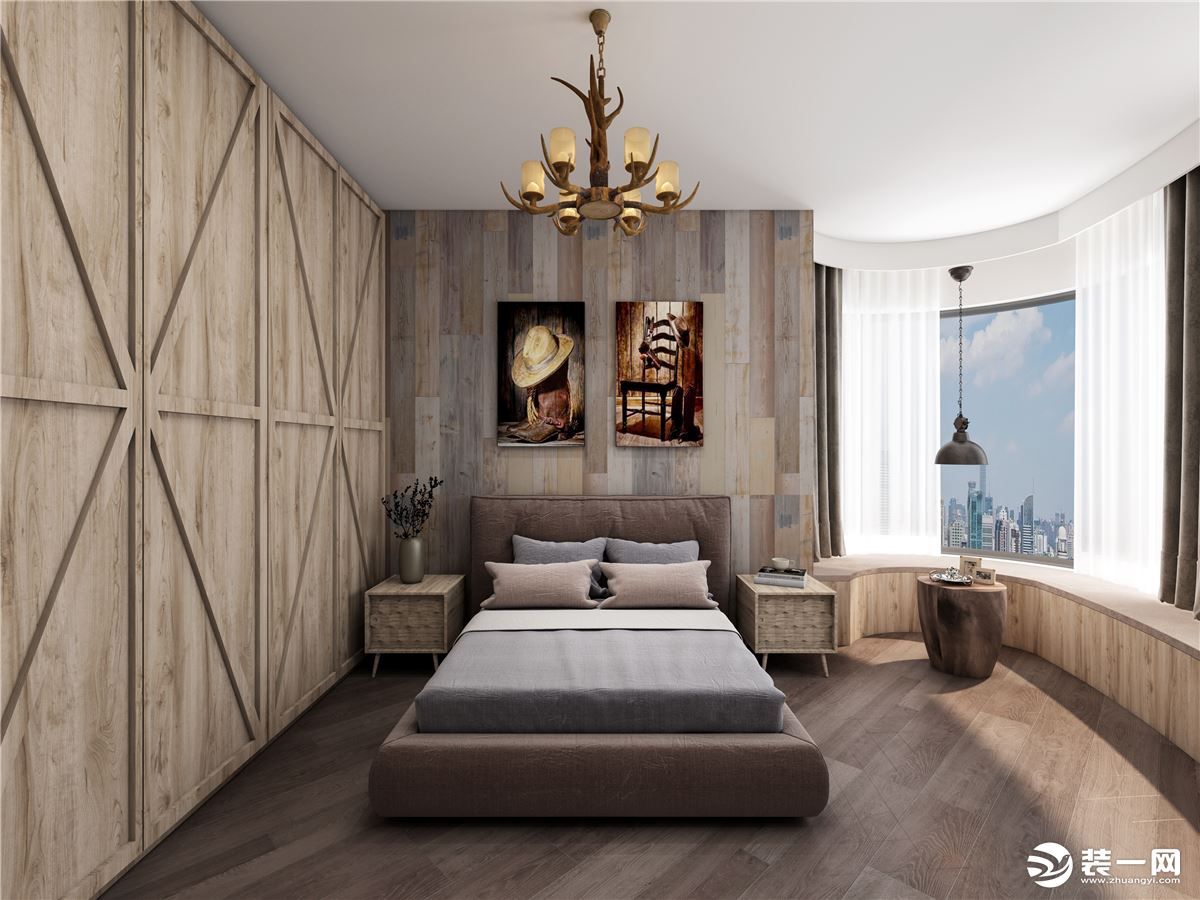 主卧则极尽舒适；配色上是用原木和白色；床头背景墙是用生态木板，让空间有超高的质感与复古。
