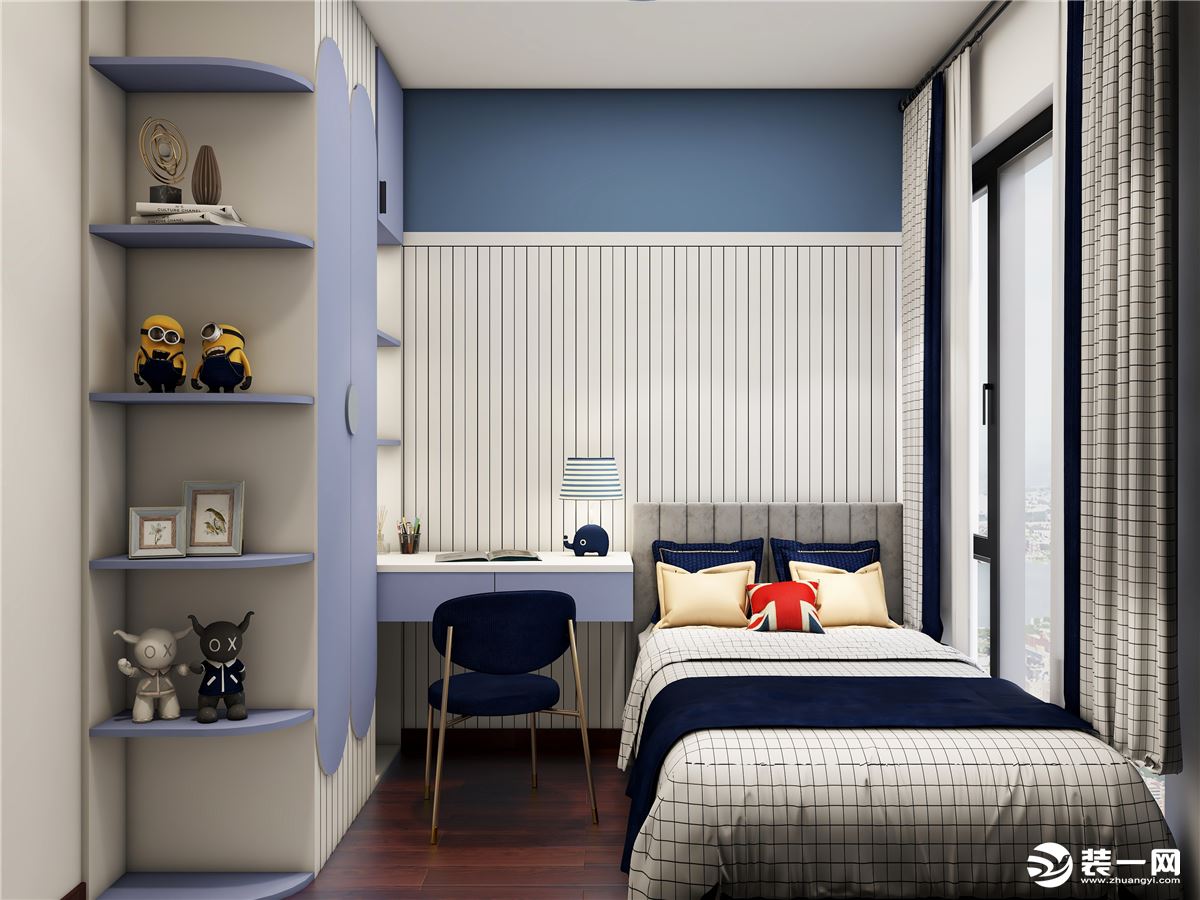男孩房沿用了客厅的米白色和现在搭配的蓝色作为床背景墙的搭配色，颜色上是比较活跃的，营造出男孩房的活泼