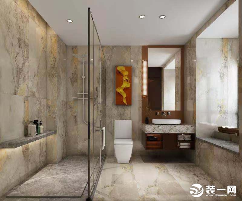 卫浴全部铺贴瓷砖，增加时尚感的同时，还能隔绝一些水汽，起到防潮的作用。