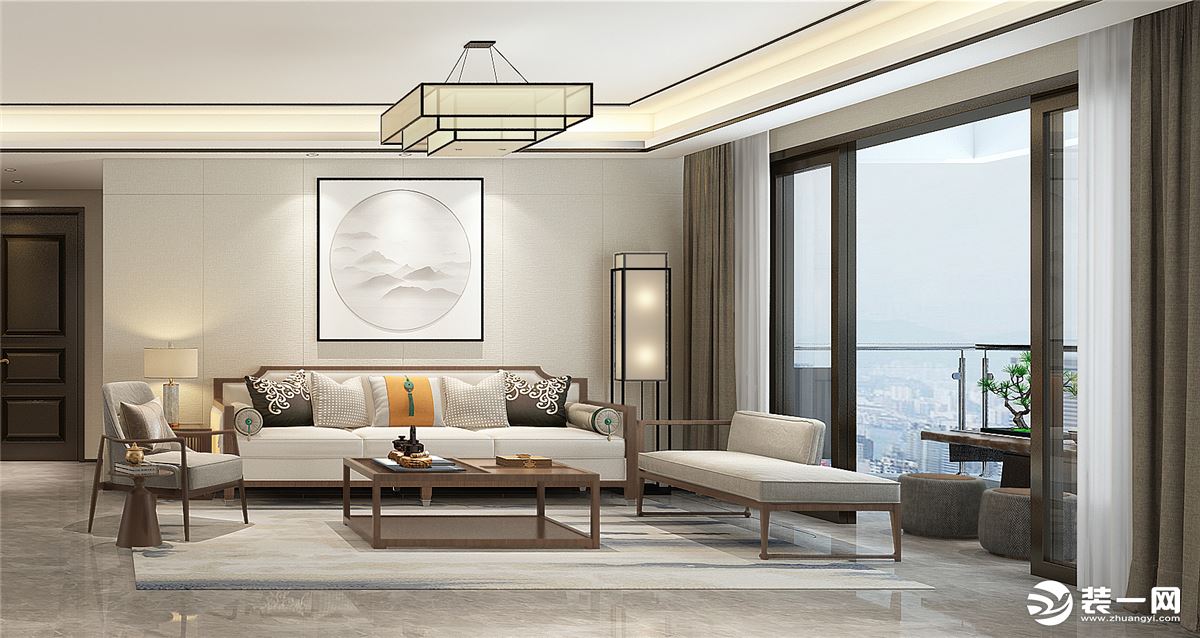 整体米色系的硬装空间基调，搭配东方气质的家具组合，流露出写意之美；