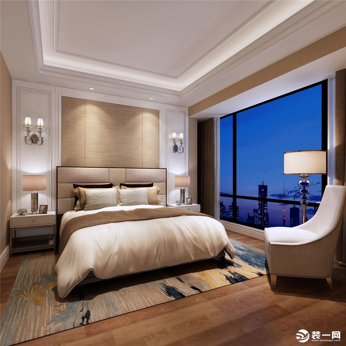  次卧以大床未中轴线，对称的设计，配上米黄色的软装搭配，让卧室空间更完美；