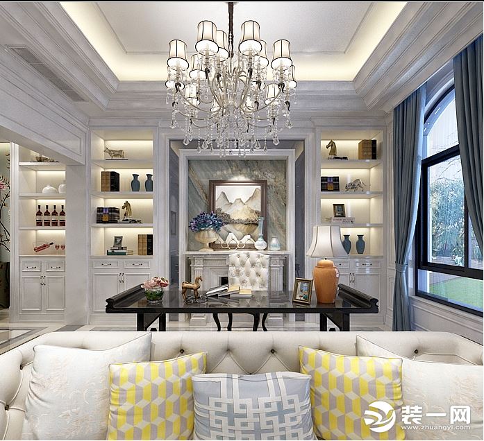 客厅主要以素雅白色为主要色调，配合其他装饰画以及整体定制的护墙板，展示柜让空间更加丰富。