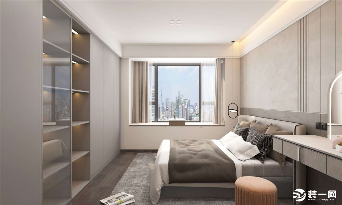 主卧则极尽舒适；提高居住舒适度，以灰白色作为卧室色彩基调，简洁而高雅。