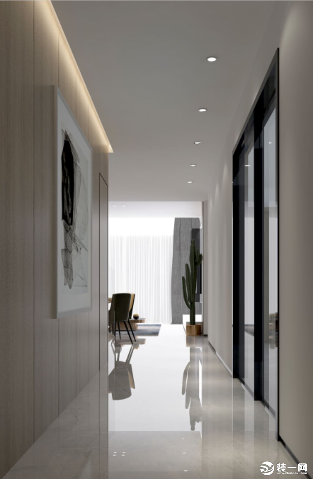 走廊整体采用现代风格来设计，白色加原木色的空间显得极为宁静...