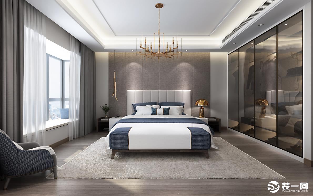 卧室空间通过白色与灰色、线条与块面的组合穿插， 塑造出整体的协调感和节奏韵律。