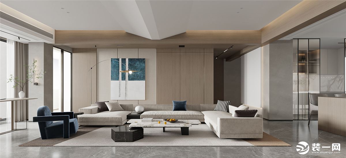 大面积的原木色与留白，客厅的木色系低调内敛，设计线条干净清爽，与整体纯粹的空间基调和谐统一。
