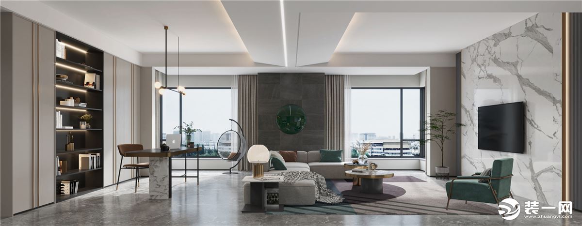 客厅整体以浅灰色作为基础色彩，能够让空间更加简洁、明亮，墨绿色的点缀使空间看起来更加赏心悦目；