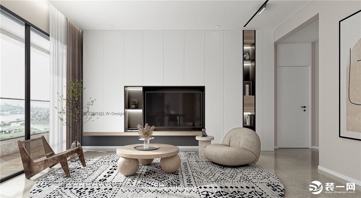 客厅开放式布局，简洁实用，色彩采用白、灰结合木色，点缀少量亮色，旨在营造清爽；