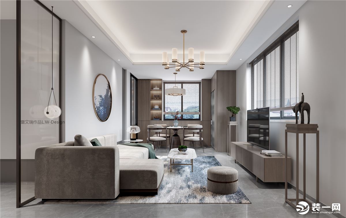客厅以白色+木色为主打造现代中式风格，从感官上营造纯净、舒适的整体氛围。