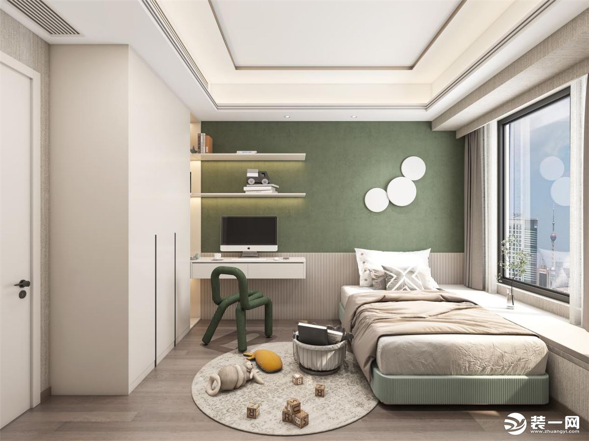 卧室色彩是在整体居室色彩上延续，选择了抹茶绿的色彩作为床背景墙最为点缀，营造了卧室的温馨感。