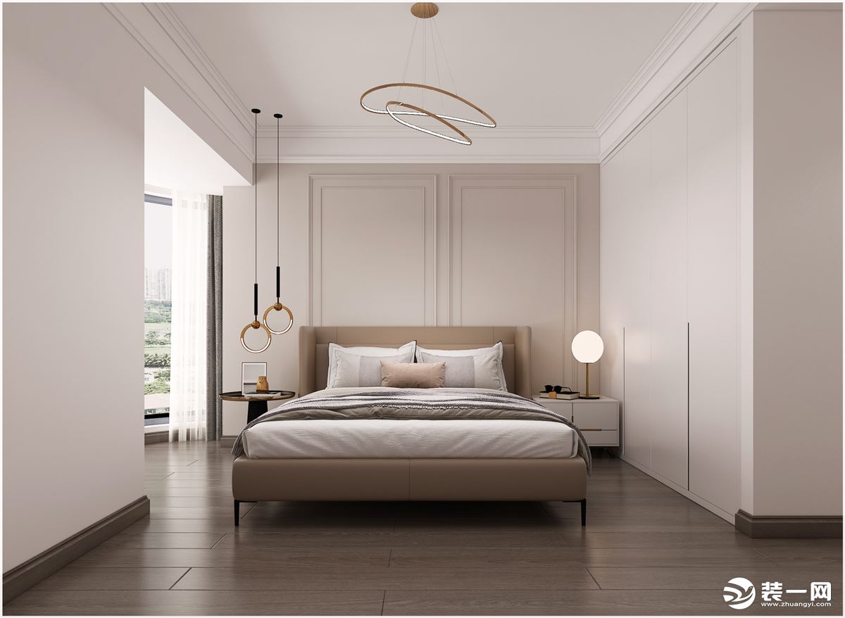 主卧是灰粉与白色的碰撞，让空间更有层次感。个性的家具增添了活力，而绒面的使用，让卧室更有温度。