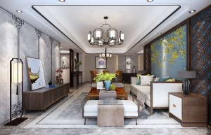 万科兰乔圣菲463㎡现代中式复式楼客厅装修效果图