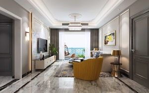 广州锦绣银湾110㎡四居室现代轻法式客厅装修效果图