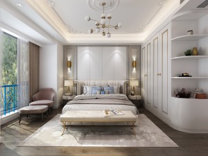 广州锦绣银湾110㎡四居室现代轻法式卧室装修效果图