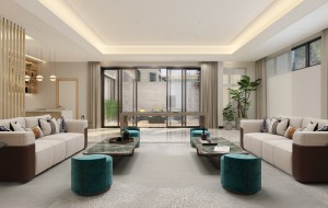 江门上城铂雍汇623㎡新中式别墅客厅装修设计案例