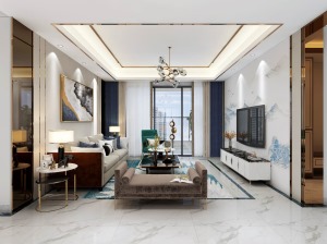 保利海德124㎡四居室新中式风格客厅装修案例