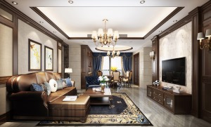 古典美式客厅效果黄色皮革沙发于原木色的造型营造出强烈的视觉层次感，有古典韵味的欧式吊灯可以让人有怀古