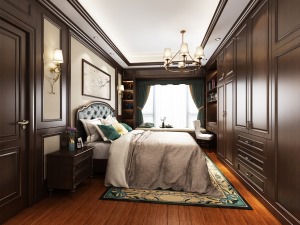 古典美式臥室效果大量的木質元素使美式風格的床具帶給人們一種自由閑適的感覺。