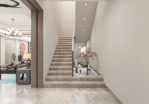 钻石湾740平米别墅新中式楼梯间效果图